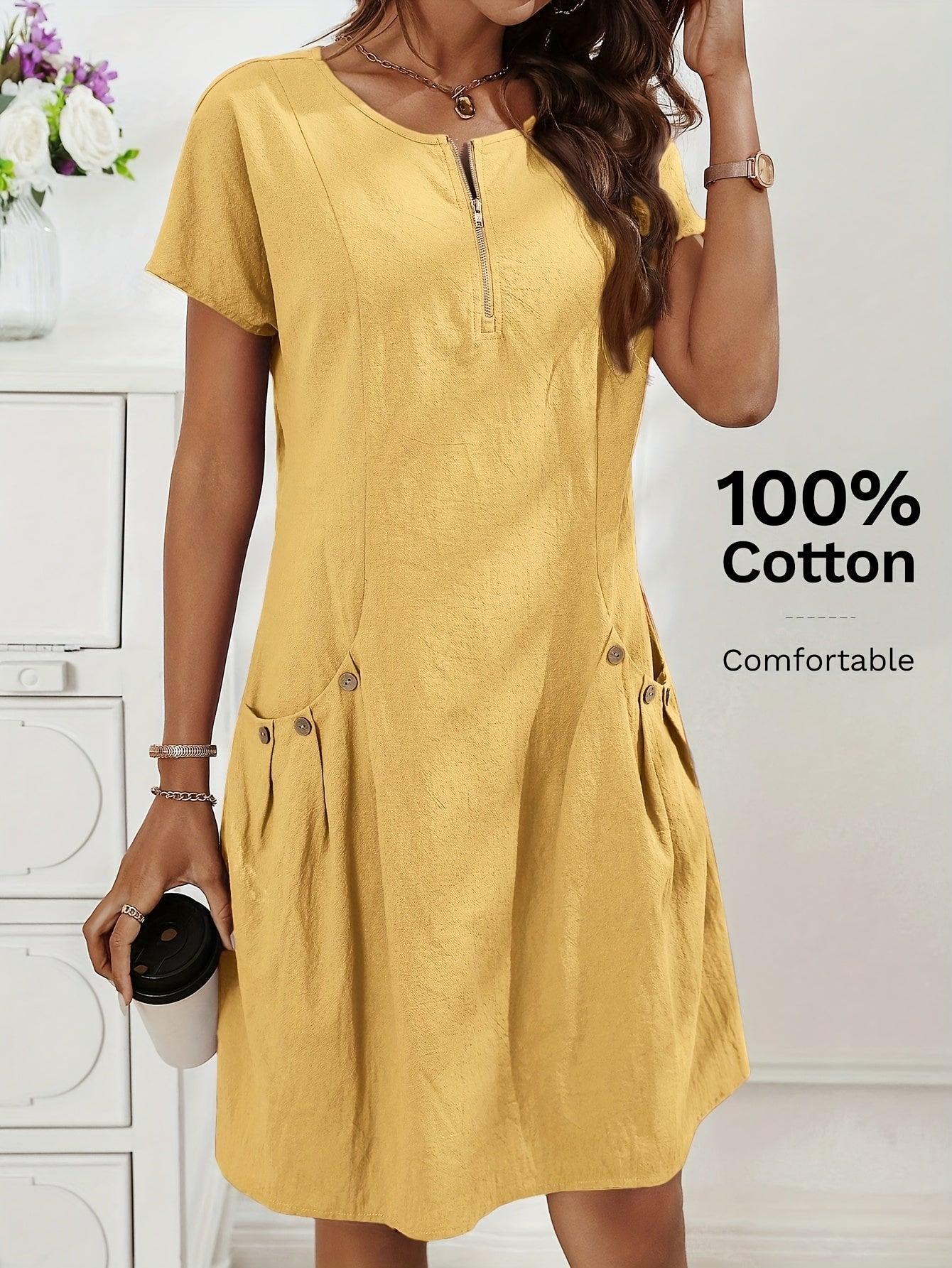 Women's Light Pink Summer Casual Dress with Zipper Half Placket, Button Decor & Double Pockets - Elegant Loose Fit for Spring/Summer, Cute Summer Dresses